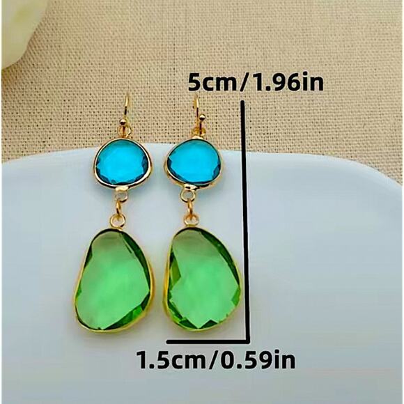 Gold Vintage Gemstone Crystal Blue Green Dangle Earrings - Picture 4 of 4